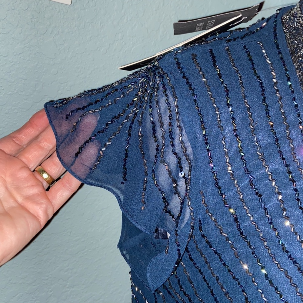 Nwt JKara  Navy Chiffon Embellished Evening Dress Gown - Picture 10 of 14